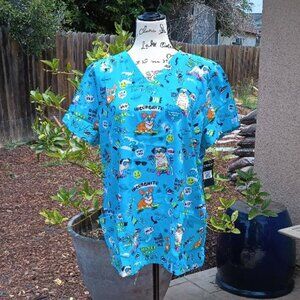 Dickies Uniform Animal Dog Pet Veterinary Scrub Top L Pug Corgi Blue Medical
